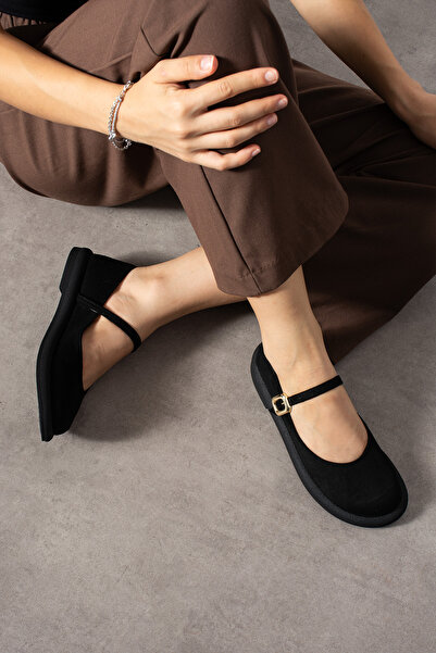 DESPİNA Kadın Altın Toka Detaylı Kadın Siyah Süet Ayakkabı – Yuvarlak Burun Rahat Günlük Ayakkabı