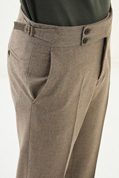 Mcr Textured Slim Fit Belted Wool Men's Trousers Khaki - 38329.25K