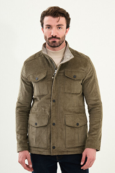 Mcr Çizgili Slim Fit Torba Cep Hakim Yaka Kadife Erkek Trenchcoat Haki - 2132...