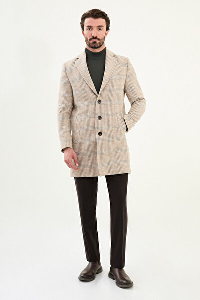 Mcr Ekoseli Slimf Fit Mono Yaka Yün Erkek Kaban Bej - 21333.25K