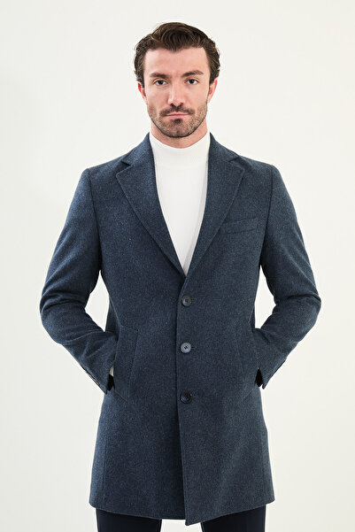 Mcr Plain Slim Fit Mono Collar Classic Wool Men's Coat Indigo - 21331.25K
