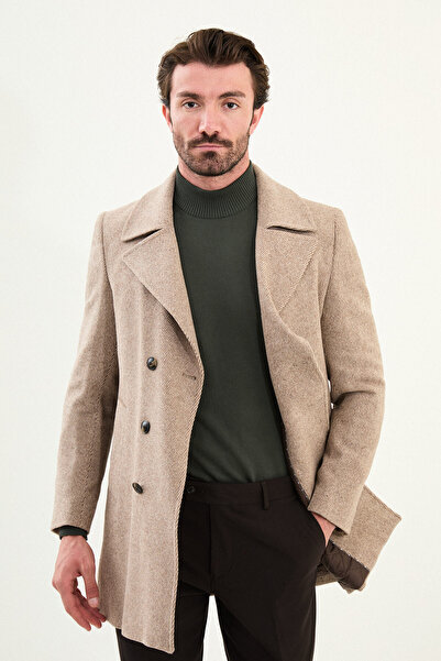 Mcr Striped Slim Fit Wide Collar Double Breasted Cashmere Men's Coat Brown-Beige - 21324.25K