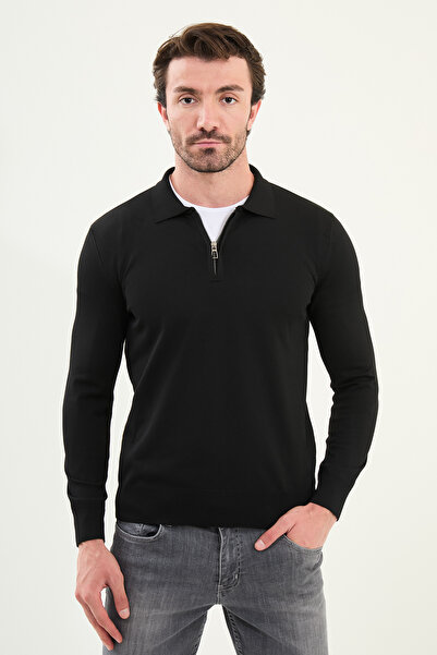 Mcr Pulover tricotat pentru bărbați, cu fermoar, cu gât polo, negru - 11560.25K