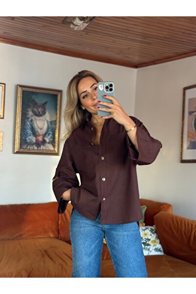Butik Kahve %100 Keten Kolları Kemer Detaylı Gömlek