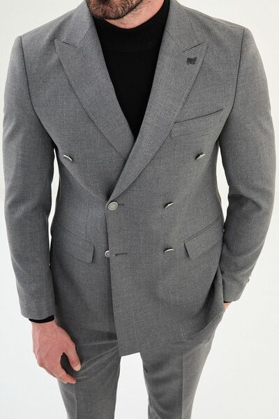 Mcr Striped Slim Fit Wide Collar Double Breasted Metal Button Men's Suit Grey - 45408.25K