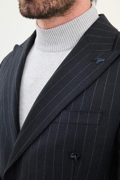 Mcr Striped Slim Fit Wide Collar Double Breasted Men's Suit Navy Blue - 45409.25K