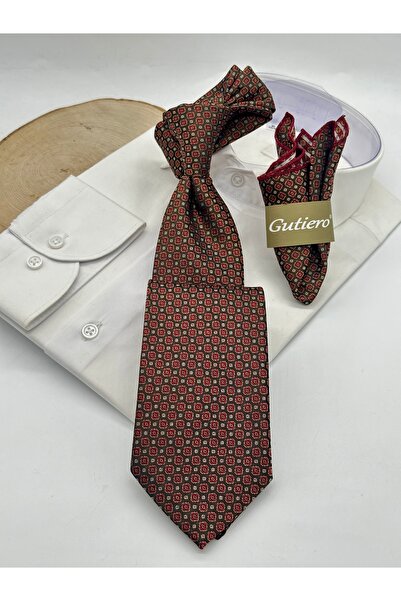 Gutiero ربطة عنق كلاسيكية بنمط بورجوندي بني مع منديل