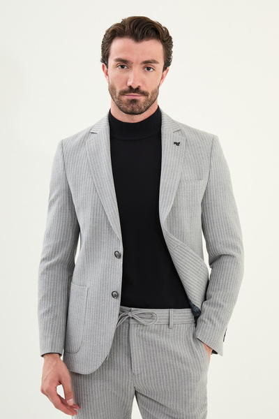 Mcr Striped Slim Fit Bag Pocket Mono Collar Men's Jacket Gray - 41460.25K