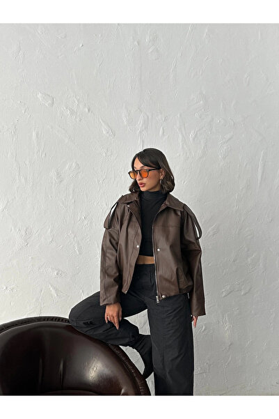 MEYASU New Season Bomber Leather Jacket with Oversized Epaulet Detail