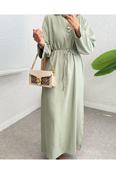 Modamorfo Linen Dress with Tie at the Waist and Zipper at the Back -Çağla Y.