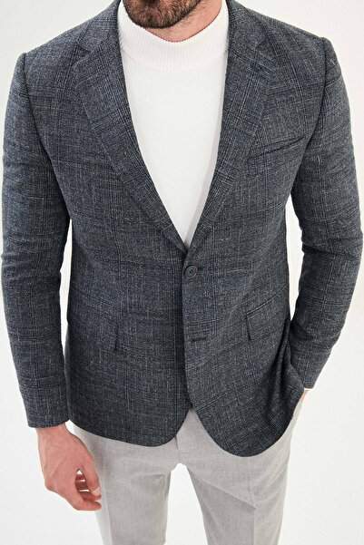 Mcr Plaid Slim Fit Mono Collar Wool Men's Jacket Petrol - 41473.25K