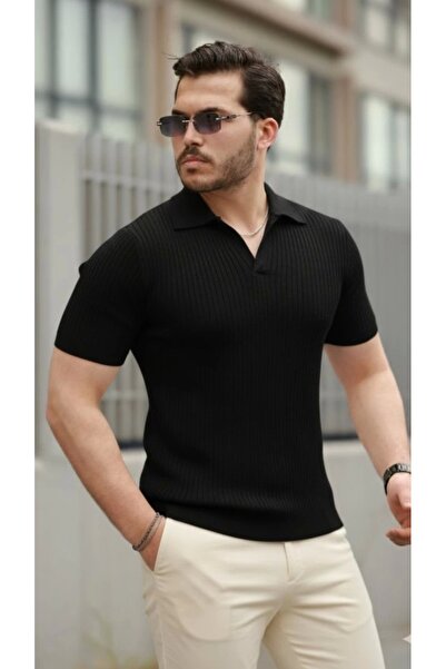Silerra Men's Short Sleeve Collared Line Patterned Knitwear Blouse