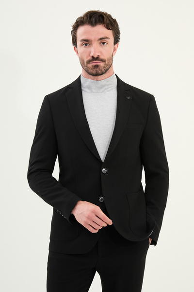 Mcr Striped Slim Fit Bag Pocket Mono Collar Men's Jacket Black - 41460.25K