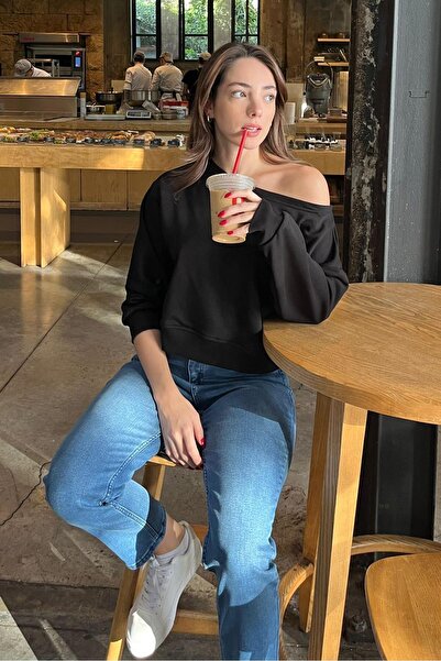 CLB COLLECTION Siyah Kayık Yaka Kadın Sweatshirt