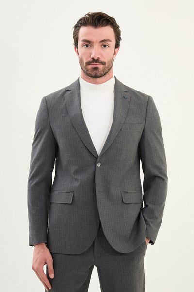 Mcr Striped Slim Fit Mono Collar Drawstring Wool Men's Suit Anthracite - 45415.25K