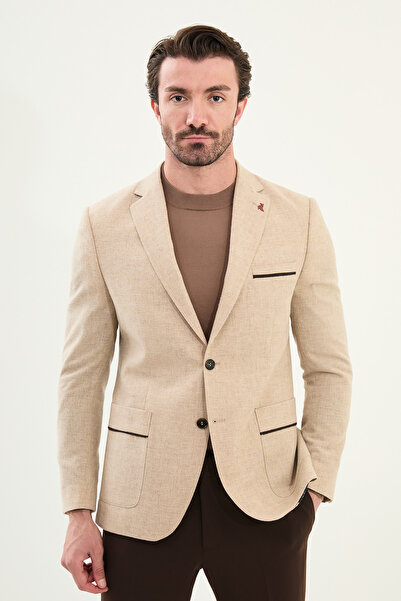 Mcr Plain Slim Fit Mono Collar Wool Men's Jacket with Pocket Detail Beige - 41464.25K