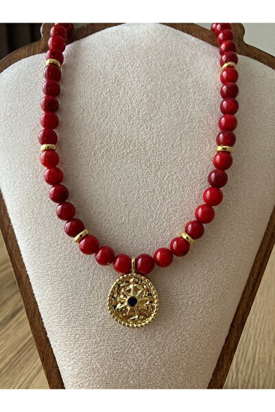 sadeart Kırmızı Mercan Doğal Taş Kolye – Altın Kaplama Sembol Uçlu + Küpe Hediyeli