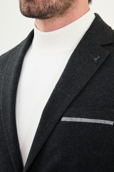 Mcr Plain Slim Fit Mono Collar Wool Men's Jacket with Pocket Detail Black - 41464.25K