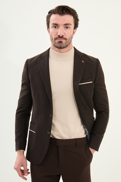 Mcr Plain Slim Fit Mono Collar Wool Men's Jacket with Pocket Detail Coffee - 41464.25K