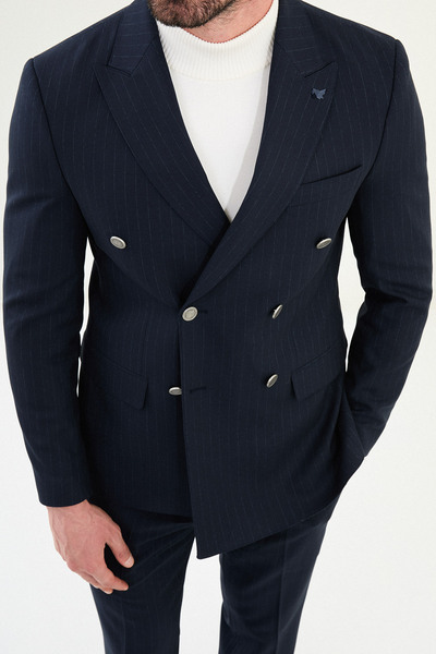 Mcr Striped Slim Fit Wide Collar Double Breasted Metal Button Men's Suit Navy Blue - 45408.25K