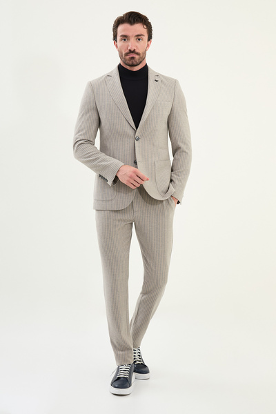 Mcr Striped Slim Fit Bag Pocket Mono Collar Men's Jacket Beige - 41460.25K