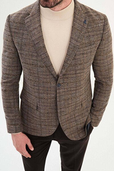 Mcr Plaid Slim Fit Mono Collar Wool Men's Jacket Beige - 41473.25K