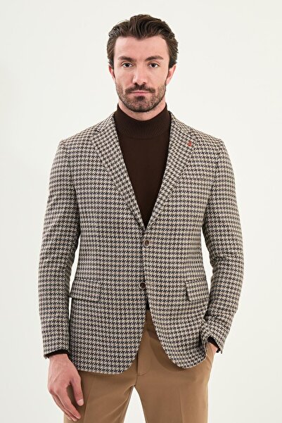 Mcr Houndstooth Pattern Slim Fit Mono Collar Wool Men's Jacket Beige - 41468.25K