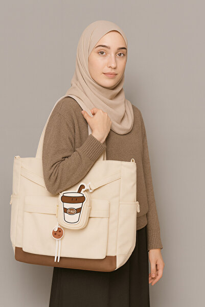 nuzki Premium Ladies Tote Bag with Cute Coffee Charm – Spacious Shoulder Bag for Work, College & Travel