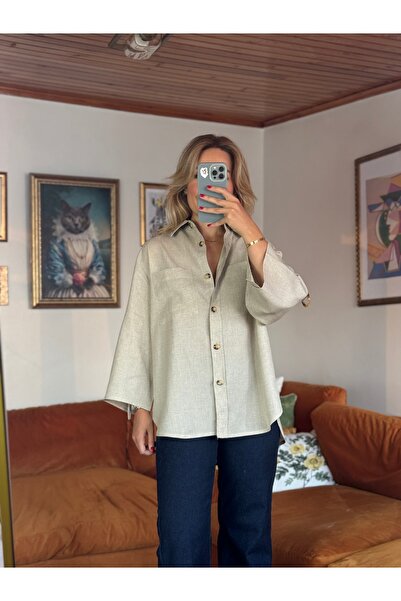 Butik Taş rengi %100 Keten Kolları Kemer Detaylı Gömlek