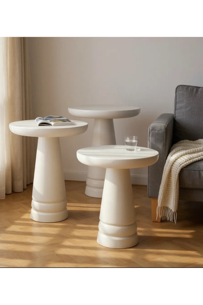 ASELYA HOME Doğal Ahşap 3’lü Set Mantar Yan Sehpa Modern Krem Renk Fiskos Zig...