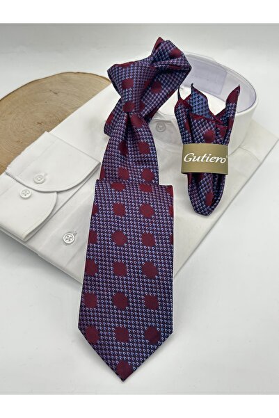 Gutiero Claret Red Patterned Classic Tie with Handkerchief