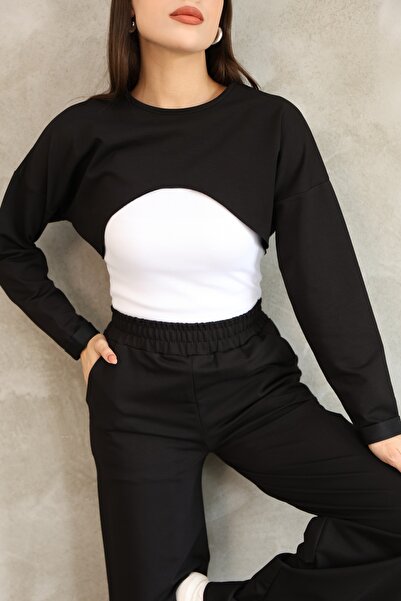 PONÇİK Long Sleeve Crop Bluzlu Bottom Top Set 3-Piece Tracksuit Set 25532