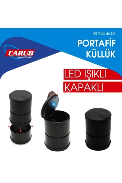 GARDENAUTO Universal Kül Tablası Kapaklı Led Işıklı Kokusuz Küllük Siyah