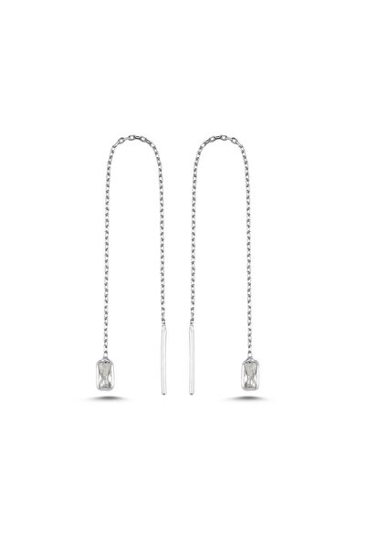 Nereze 925 Ayar Gümüş Rodyum Kaplama Minik Baget Taşlı Zincir Küpe