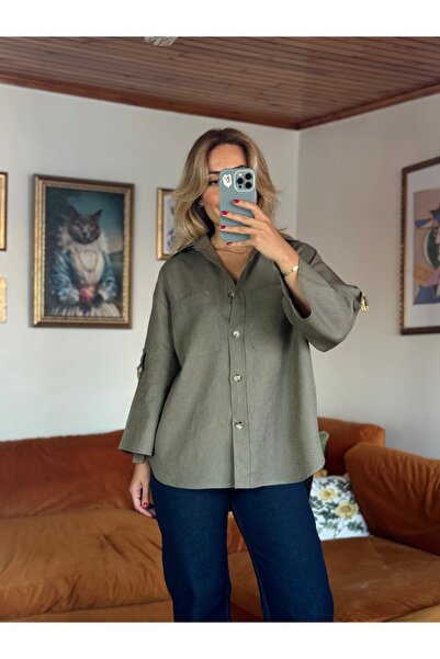 Butik Haki %100 Keten Kolları Kemer Detaylı Gömlek