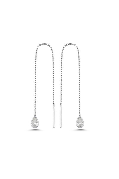 Nereze 925 Ayar Gümüş Rodyum Kaplama Minik Damla Taşlı Zincir Küpe