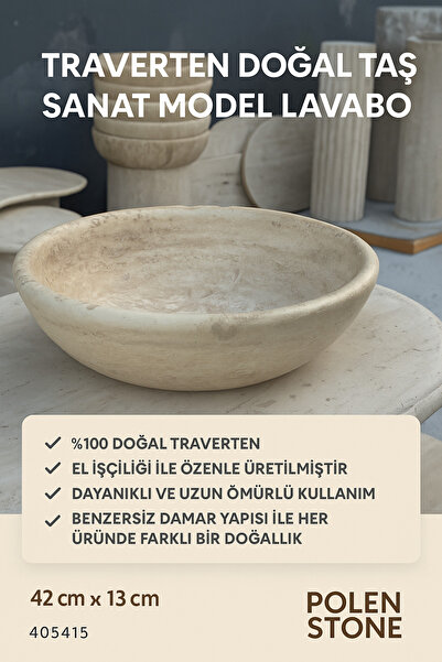 Polen Stone Traverten Doğal Taş Sanat Model Lavabo – 42 cm Çap / 13 cm Yükseklik