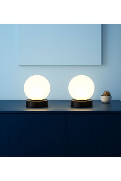 VENON 1 Adet Küre Masa Lambası Gece Lambası Abajur Siyah 15 Cm Glop Beyaz Camlı Kablolu