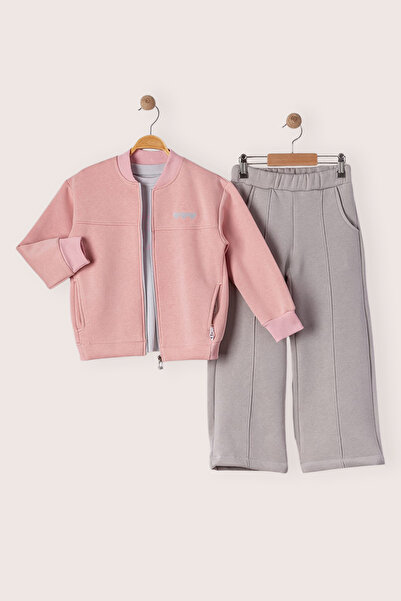 Minika Kız Çocuk 3’lü Şardonlu Eşofman Takımı – Şardonlu Hırka & Sweatshirt & Geniş Paça Alt