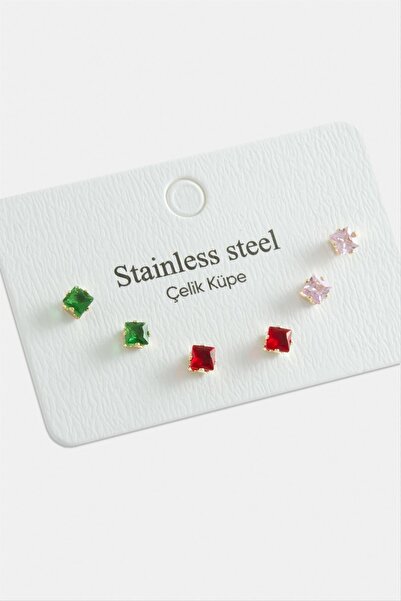 Generic Brand 6 Pieces Square Zircon Single Stone Steel Earrings