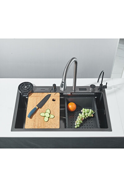 BisDesign Chiuvetă de bucătărie multifuncțională, accesorii incluse, material antiaderent, afișaj LCD, gri închis 75x46