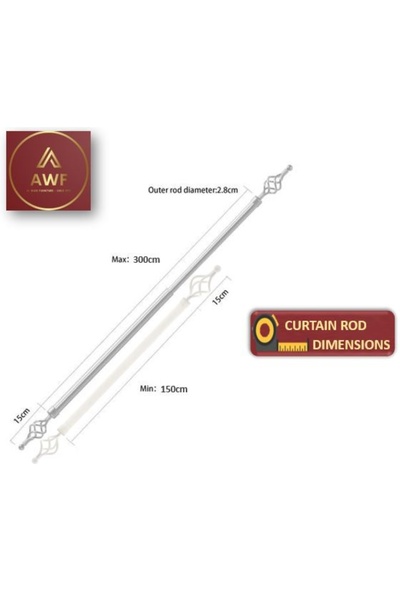 AWF AL WADI FURNITURE Set of 2 Roman Extendable Window Curtain Rods, Metal Single Rods Drapery Rods WHITE, 150 – 300 cm