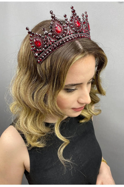 Hobigram Santa Mina Burgundy Color Crystal Stone Elegant Bridal Crown Hair Accessory
