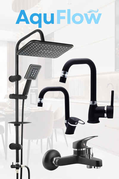 AquFlow Full Siyah Lüx Robot Duş Seti , Siyah Oynar Uçlu Mutfak, Lavabo, Bany...