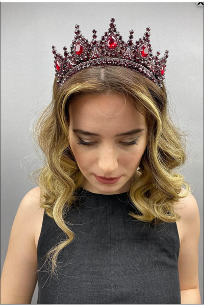 Hobigram Santa Mina Burgundy Color Crystal Stone Elegant Bridal Crown Hair Accessory