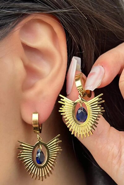 shai Gold Color Navy Blue Stone Detailed Steel Earrings (Pair)