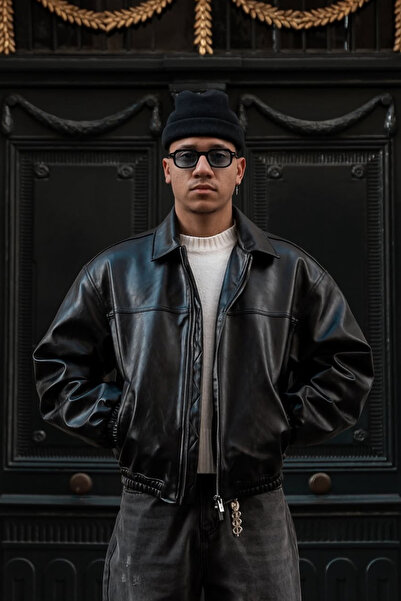 MANMARK سترة جلدية سوداء كبيرة الحجم للرجال - معطف رجالي أنيق على طراز البومبر الأسود لموضة الشارع