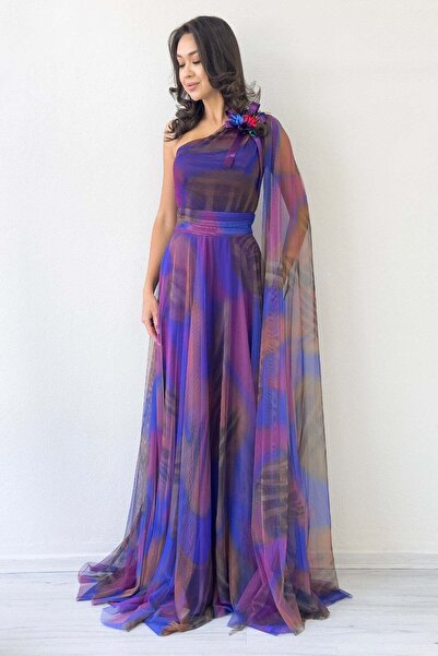 thezkscom Batik Desenli Tek Omuz Tül Detaylı Abiye Elbise Mor, Turuncu, Yeşil