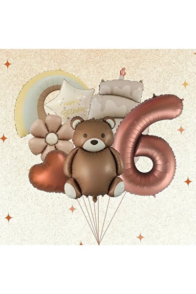 DÜVENCİ TİCARET Σετ μπαλονιών γενεθλίων 7 τεμαχίων Brown Bear Daisy Cake Rainbow