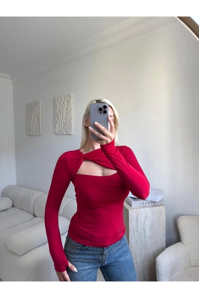 Zora Butik Göğüs Pencere Kruvaze Bluz - KIRMIZI